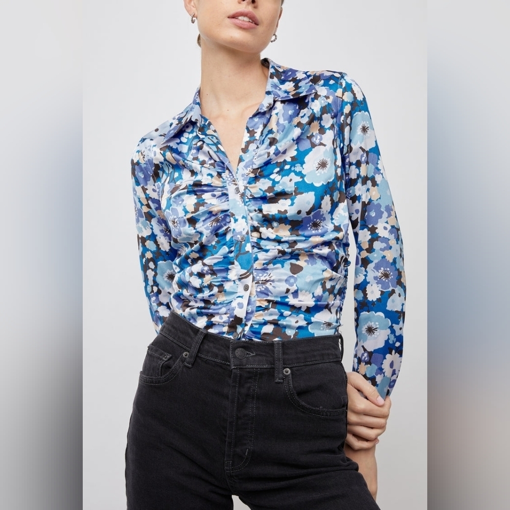 Nwt Rails Lisa Ruched button down long sleeve floral blue blouse top S